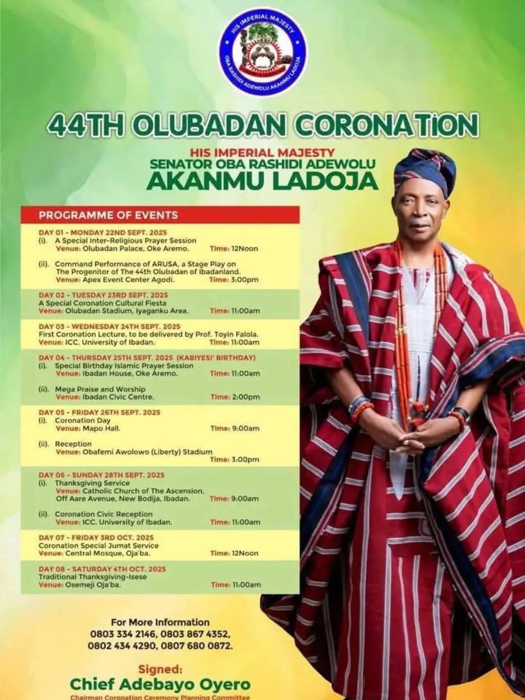Coronation activities of the 44th Olubadan, Senator Rasheed Adewolu Akanmu Ladoja